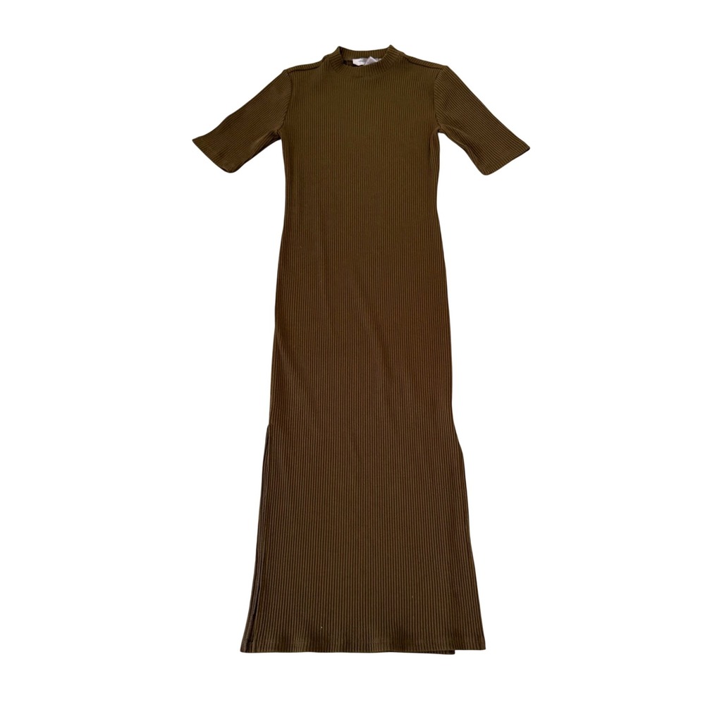 Forever 21 Contemporary Olive Brown Ribbed Mock Neck Short Sleeve Maxi Dress XS
